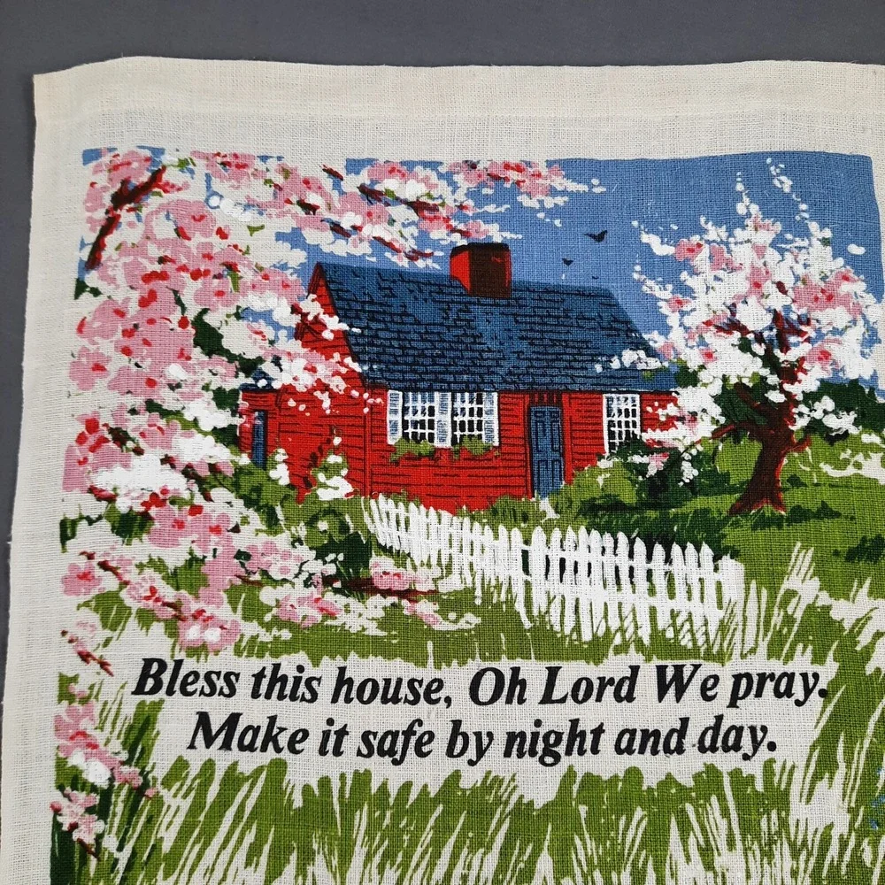 Vintage Linen Calendar Kitchen Towel Bless This House Cottage Floral Trees 1980
